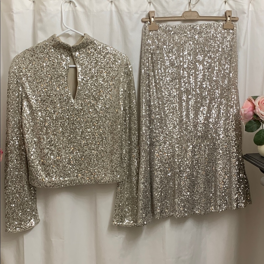 Champagne Sequin Set Elegant Matching Long Sleeve Blouse & Midi Skirt - Picture 5 of 10